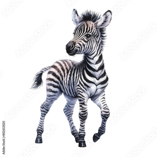 Black and white striped zebra standing alone  isolated  on a white background