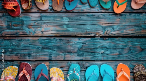 A colorful array of flip flops displayed on a rustic wooden table. The electric blue and magenta hues create an eyecatching pattern  perfect for a summer event snapshot AIG50