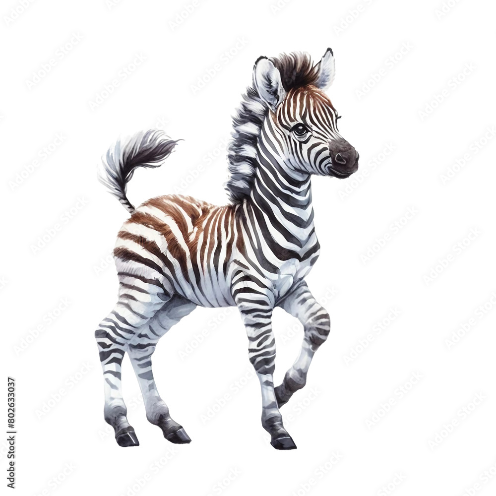 Fototapeta premium Black and white striped zebra standing alone (isolated) on a white background
