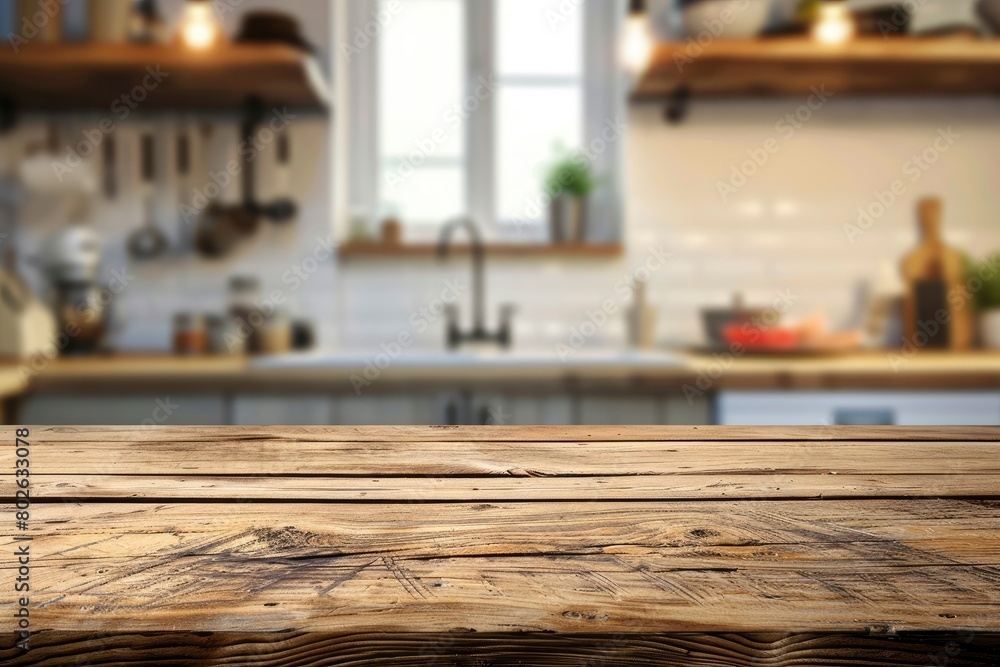 Wood table top on blur kitchen counter (room)background.For montage product display or design key visual layout - generative ai Wood table top on blur kitchen counter (room)background.For montage product display or design key visual layout - generative ai
