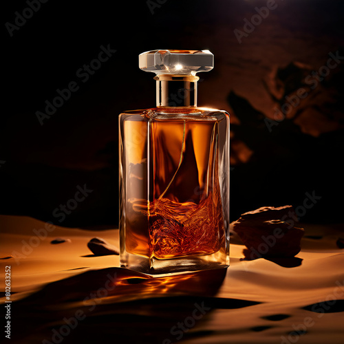 a bottle of perfume on an evening desert with a reflective surface in the style of dark beige,generate ai