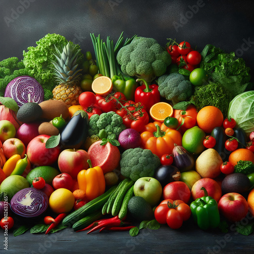 Composition with variety of fresh fruits and vegetables. Balanced diet.