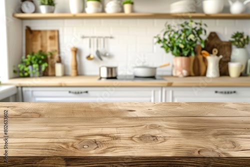 Wood table top on blur kitchen counter  room background.For montage product display or design key visual layout - generative ai