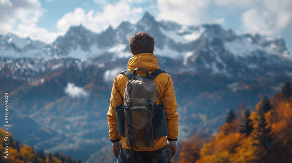 A man with a backpack standing on top of a mountain, overlooking snowcapped mountains