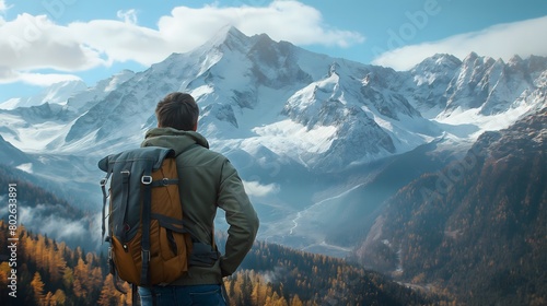 A man with a backpack standing on top of a mountain, overlooking snowcapped mountains