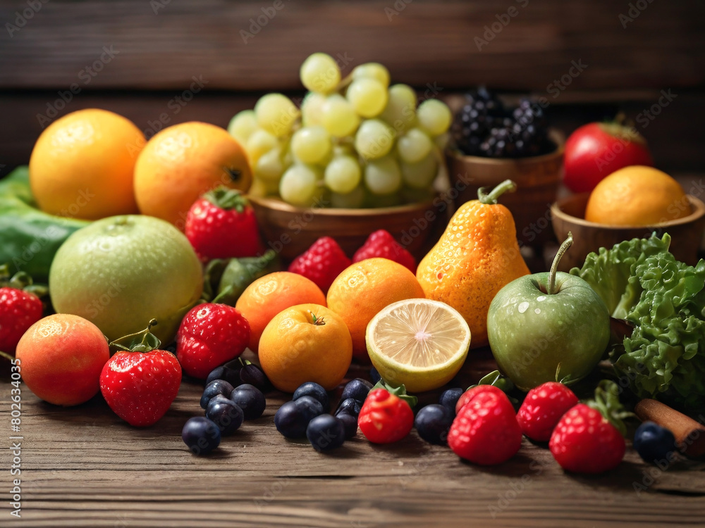 A Vibrant Symphony of Fresh Produce: A Rustic Flat Lay of Fruits and Vegetables A Vibrant Symphony of Fresh Produce: A Rustic Flat Lay of Fruits and Vegetables