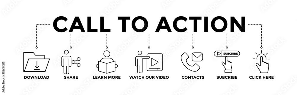 Call to action banner icons set with black outline icon of download, share, learn more, watch our video, contact us, subscribe, and click here Call to action banner icons set with black outline icon of download, share, learn more, watch our video, contact us, subscribe, and click here