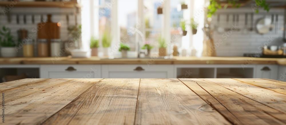 A wooden table surface on a background of a blurred kitchen. Suitable for showcasing products or designing layouts.