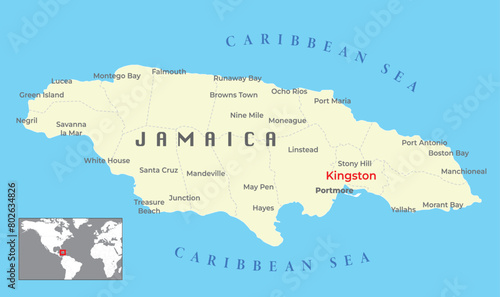 Jamaica Political Map and capital Kingston, with important cities, photo
