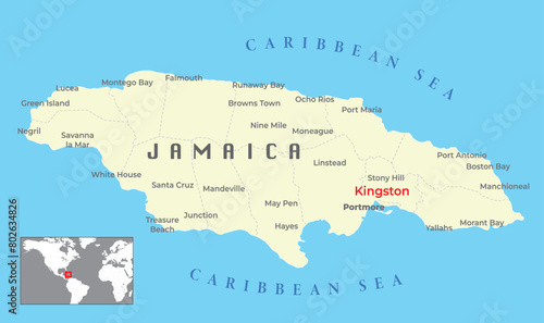 Jamaica Political Map and capital Kingston, with important cities,