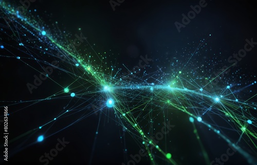Dreamscape glowing light blue and green data flow inter connected ness of digital networks bokeh background