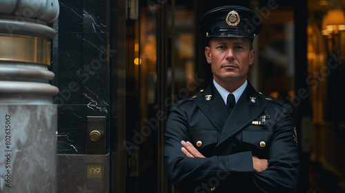 portrait of security guard at luxury hotel entrance, VIP, 5 stars service, officer photo