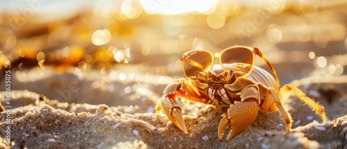 A crab is wearing sunglasses and standing on the beach. The scene is bright and sunny  with the sun shining on the crab and the sand. The crab appears to be enjoying the warmth of the sun