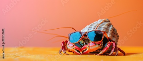 A crab wearing sunglasses is sitting on a sandy beach. © Dusit