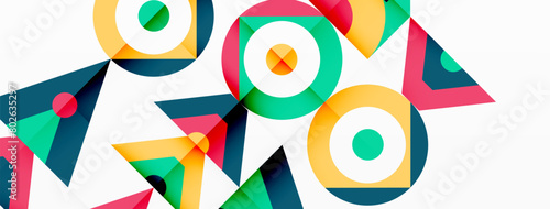 A visually stunning textile product featuring a colorful geometric pattern with circles and triangles on a white background, showcasing symmetry and artistry