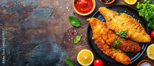 A top view of a plate of fried catfish kept on a kitchen table with space and clean wooden backdrop for text or product advertisement, Generative AI. photo