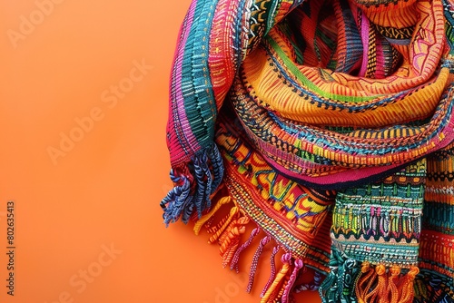 A top view of Mexican rebozo on a clean orange surface with a big space for text or product advertisement background and vibrant colors, Generative AI. photo