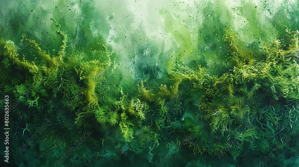 Fototapeta premium A painting of a lush green forest with a lot of green and yellow colors