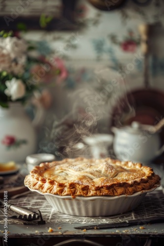 A close-up shot of a freshly baked apple pie