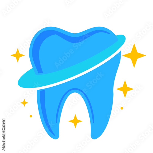 cartoon tooth with a golden ring and stars around it