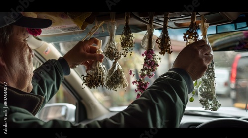 A man hangs a sachet of dried herbs and flowers in his car to create a refreshing and energizing commute. photo