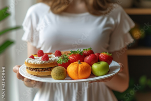 Woman presenting a beautifully arranged plate of fresh fruits and dessert  symbolizing healthy and indulgent lifestyle choices.