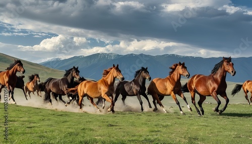 Steppes Symphony  A Captivating Portrait of Horses Galloping in the Vast Kyrgyz Landscape