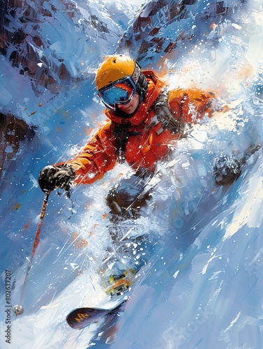 A man in an orange jacket is skiing down a snowy slope
