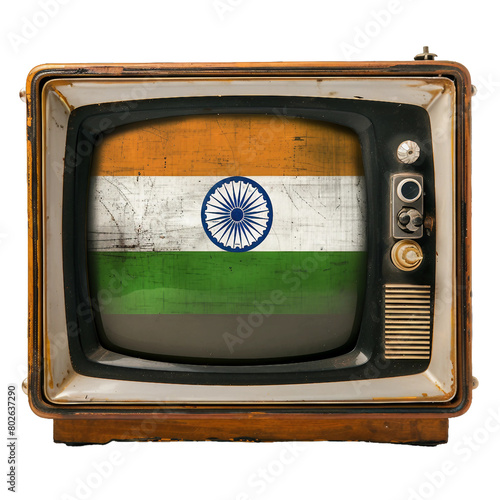 old classic televion with india flag in the screen, isolated PNG, white background photo