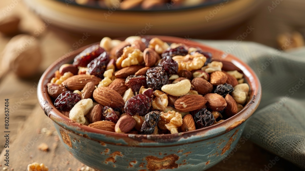 A small bowl of mixed nuts and dried fruit sprinkled with a flavorful seasoning blend. A small bowl of mixed nuts and dried fruit sprinkled with a flavorful seasoning blend.