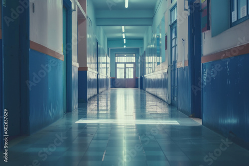 Desolate school hallway with lockers and fluorescent lighting  creating an eerie and silent atmosphere.