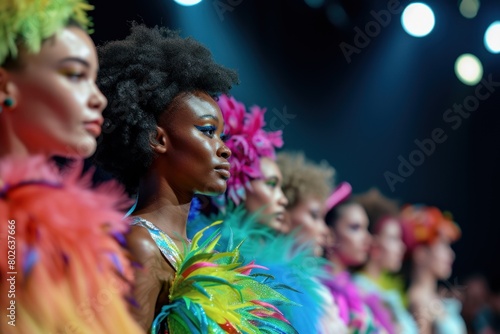 Models on a fashion show runway wearing extravagant and colorful attire, showcasing the dynamic energy and creativity of the event.