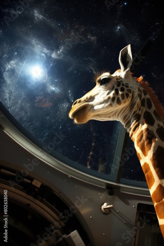 Giraffe gazing at the stars in a planetarium