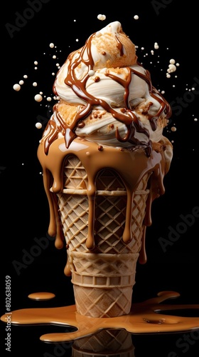Decadent ice cream sundae with chocolate drizzle