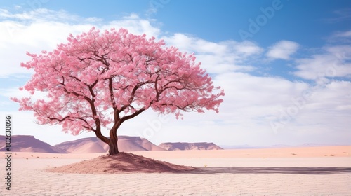 Vibrant cherry blossom tree in desert landscape