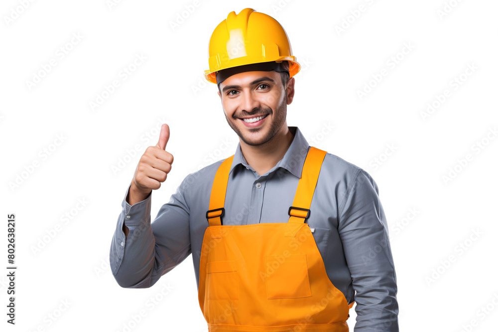 Smiling engineer man or construction worker with safety helmet in construction site, showing thumbs up. Isolated on transparent background Smiling engineer man or construction worker with safety helmet in construction site, showing thumbs up. Isolated on transparent background
