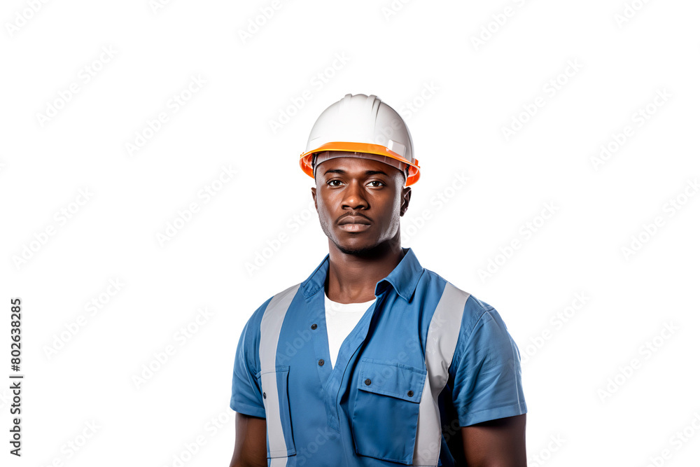 African engineer man or construction worker with safety helmet in construction site, isolated on transparent background