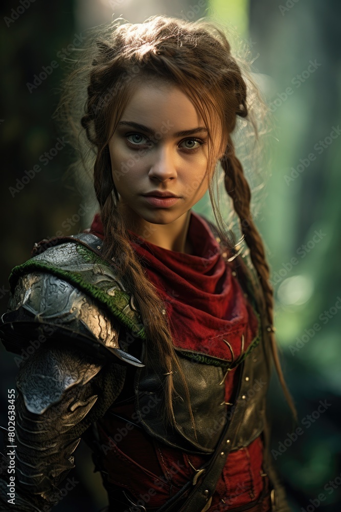 Fierce female warrior with braided hair and red scarf Fierce female warrior with braided hair and red scarf