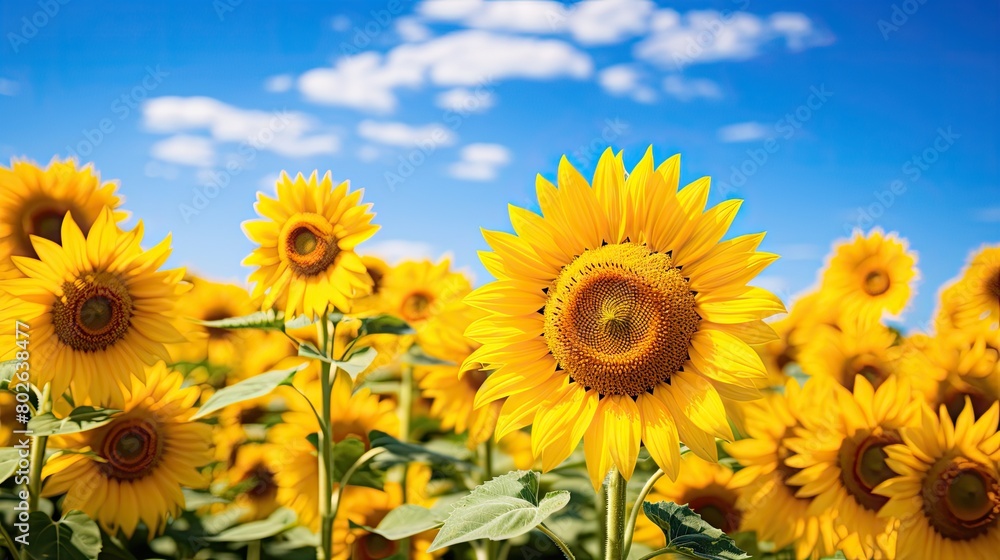 Obraz premium Vibrant sunflower field under blue sky