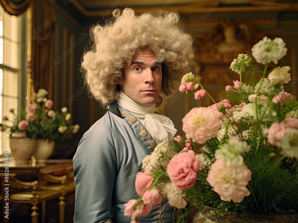Aristocratic gentleman with curly wig holding bouquet of flowers Aristocratic gentleman with curly wig holding bouquet of flowers