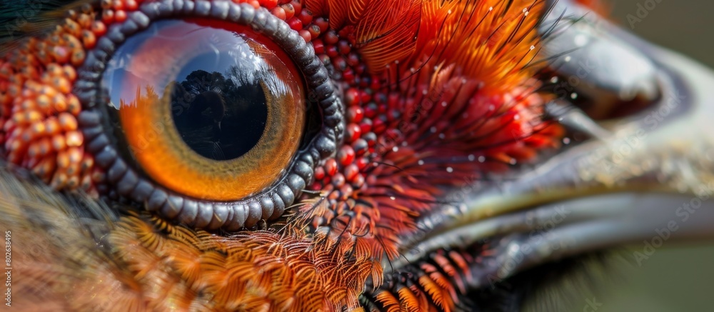 A detailed view of a bird showcasing a remarkably large eye, with intricate details and vibrant colors visible in the close-up shot A detailed view of a bird showcasing a remarkably large eye, with intricate details and vibrant colors visible in the close-up shot