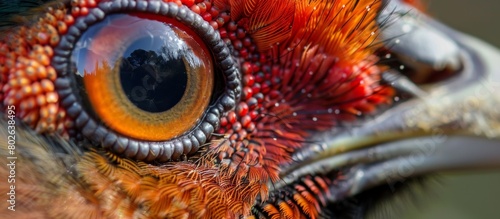 A detailed view of a bird showcasing a remarkably large eye, with intricate details and vibrant colors visible in the close-up shot photo