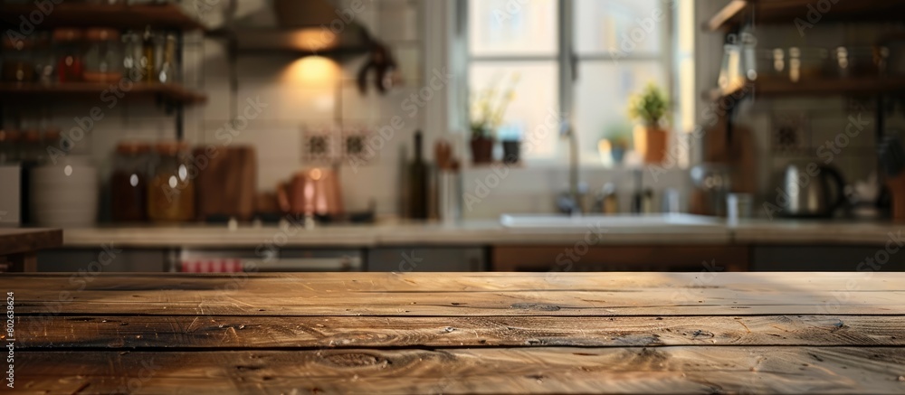 Kitchen interior background with a blurred effect featuring a wooden table in the foreground. Kitchen interior background with a blurred effect featuring a wooden table in the foreground.
