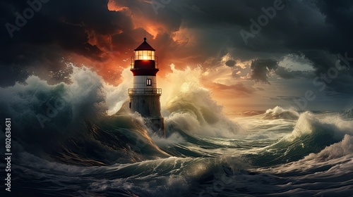 Dramatic lighthouse scene during stormy sunset