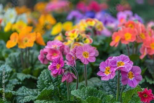 A close shot of colorful Primula veris primroses blossoming among nature with a blurry backdrop and a big space for text or product advertisement, Generative AI.