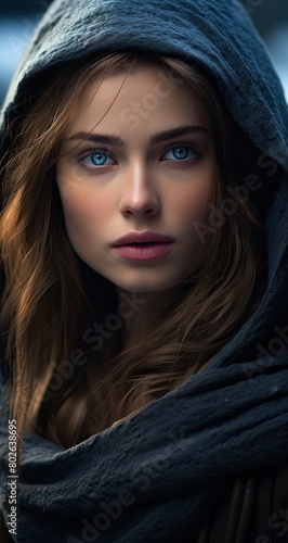 Mysterious woman in dark hooded cloak