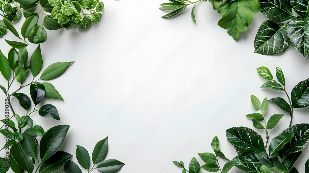 A minimalistic flat lay of green leaves on a white background, creating an elegant and natural frame for text or images. with copy space A minimalistic flat lay of green leaves on a white background, creating an elegant and natural frame for text or images. with copy space