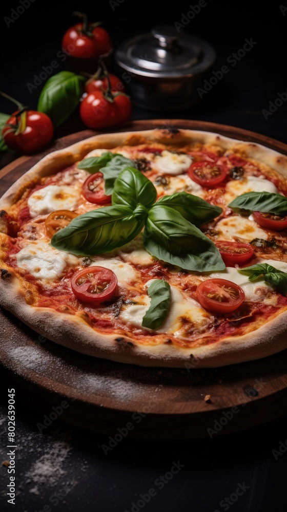 Delicious homemade pizza with fresh basil and tomatoes