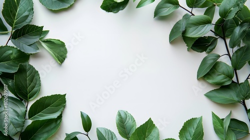 A minimalistic flat lay of green leaves on a white background, creating an elegant and natural frame for text or images. with copy space