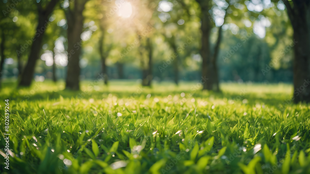 Beautiful sunny spring meadow with green grass and blue sky. Abstract background with light bokeh and space for text Beautiful sunny spring meadow with green grass and blue sky. Abstract background with light bokeh and space for text